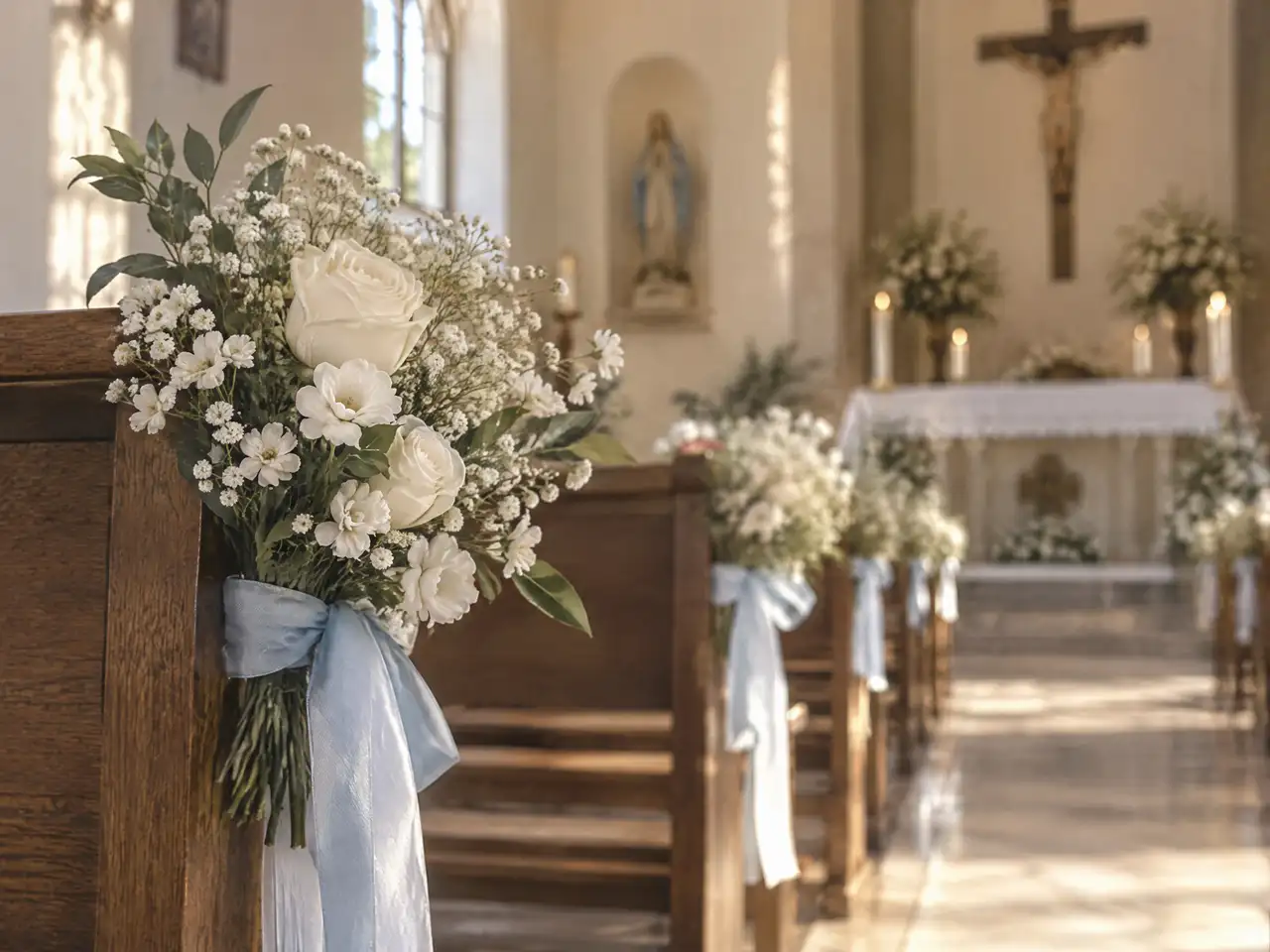 Arreglo delicado de flores blancas con cinta celeste sobre un banco de iglesia