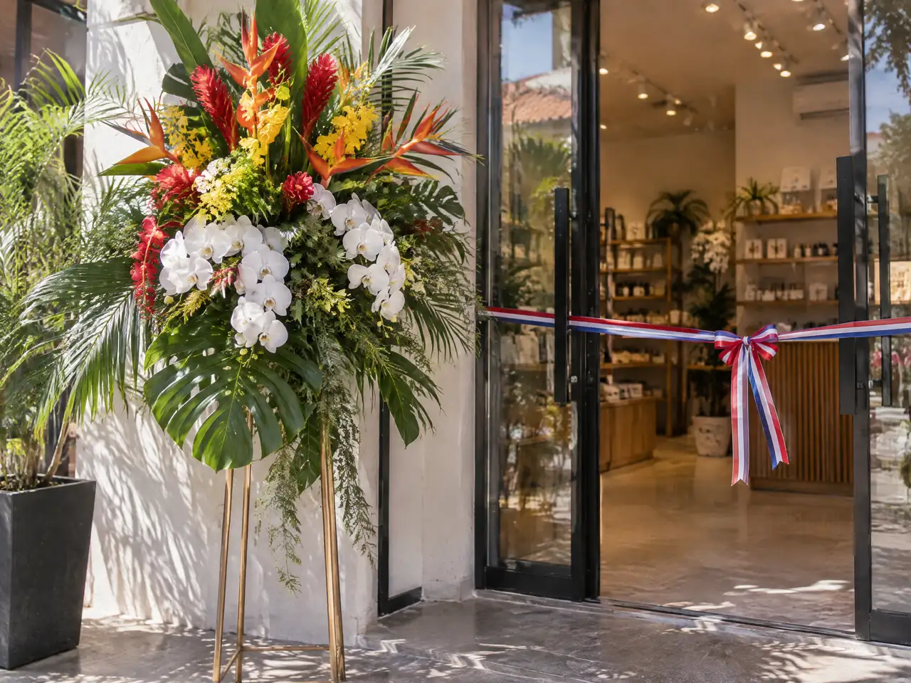 Arreglo floral alto de flores tropicales y orqu?deas en la entrada de un local nuevo