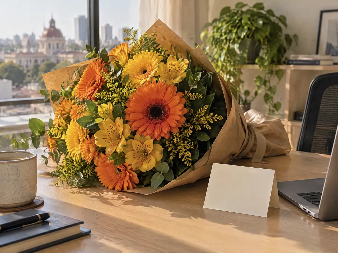 Ramo alegre de gerberas naranjas y amarillas como agradecimiento sobre un escritorio de oficina