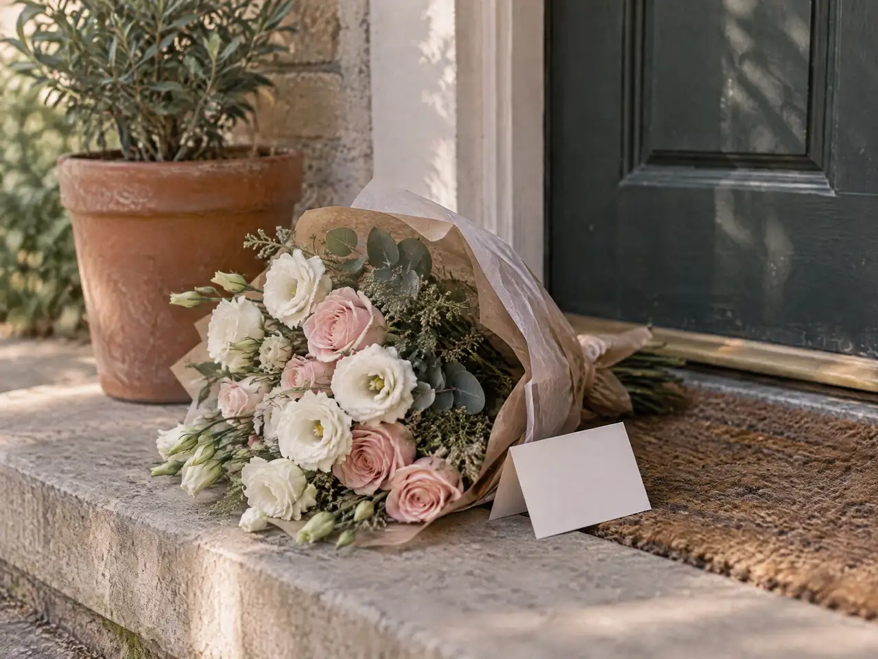 Ramo suave de lisianthus blancos y rosas rosadas con tarjeta en una puerta de entrada